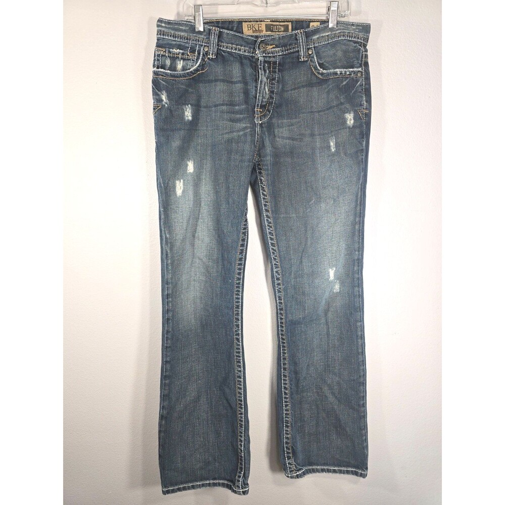 BKE Buckle Fulton Bootcut Jeans Mens 34x32 Y2K Thick Stitch Vintage Med Wash BL